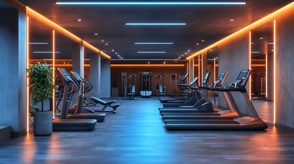 Modern Gym Interior Featuring Advanced Fitness Equipment and Stylish Lighting Set in a Spacious Layout