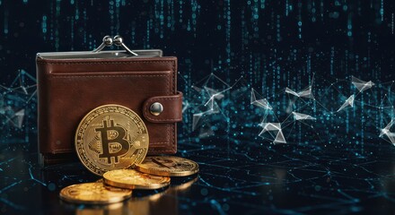 Digital wallet with bitcoins, against the background of virtual space