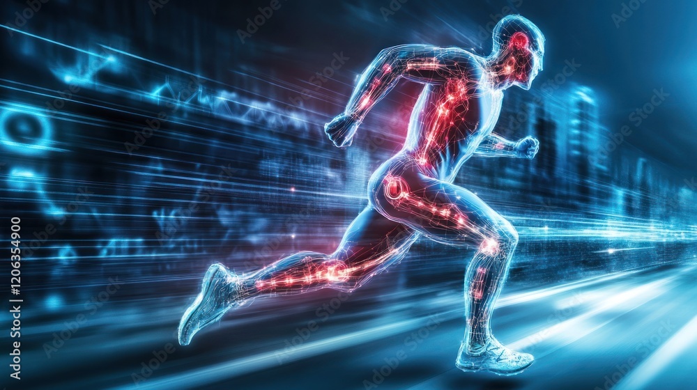 Poster A digital rendering of a runner in motion showcasing the bodys skeletal structure