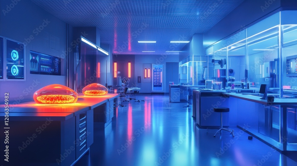 Poster futuristic laboratory featuring illuminated brain specimens