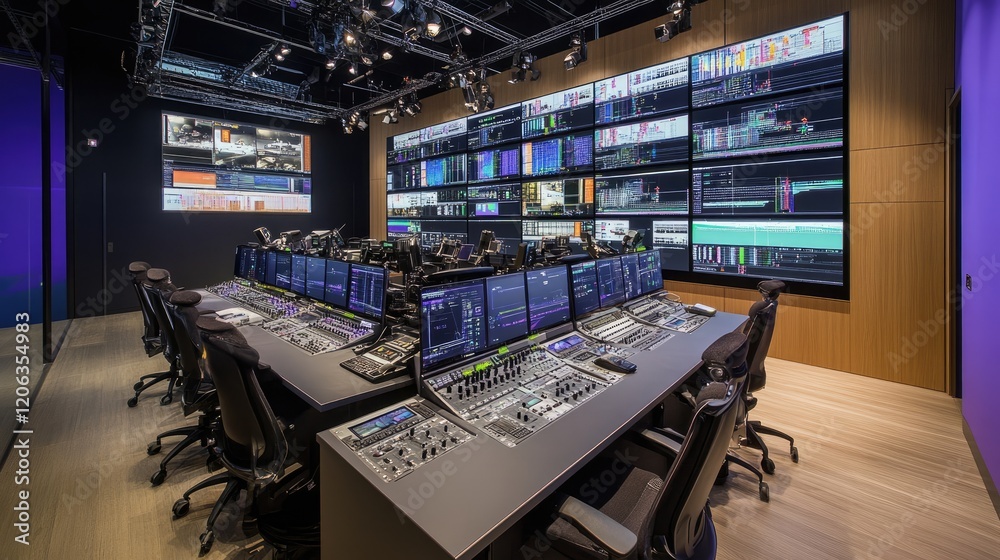 Poster Modern Broadcast Control Room With Multiple Monitors And Equipment