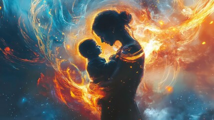 Mother and baby silhouette enveloped in fiery, ethereal light.