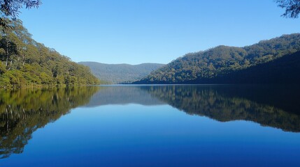 Serene lake reflecting forested hills under a clear sky