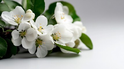 Fototapeta premium Close-up of Delicate White Apple Blossoms and Green Leaves
