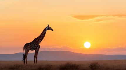 Obraz premium Majestic giraffe silhouetted against a breathtaking sunset landscape
