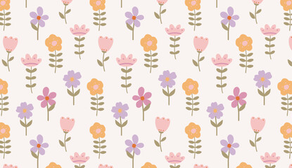 Floral seamless pattern in Scandinavian style. Cute cartoon print with colorful flowers. Hand drawn design for print, postcards, paper, design, fabric, gift wrap, decoration, background, wallpapers