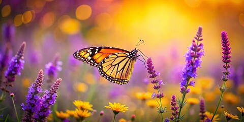 Surreal Monarch Butterfly Soaring Over Vibrant Purple and Yellow Wildflowers