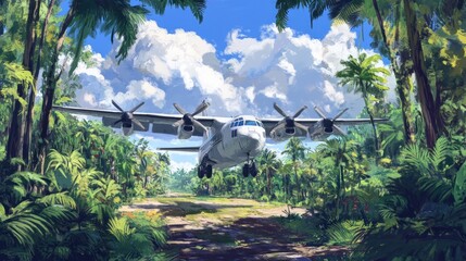 Airplane Landing In Lush Tropical Jungle Paradise