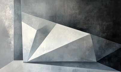 A bold white geometric shape slices through the monochromatic gray background, creating a striking contrast between light and dark elements., striking, contrasting, luminous