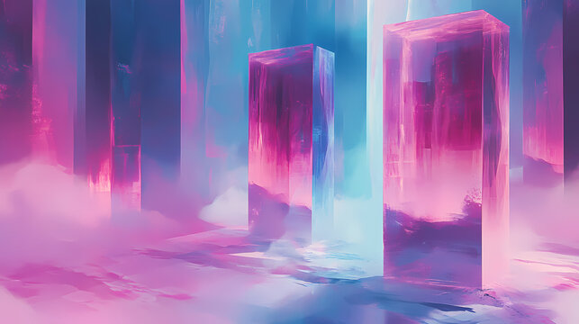 A futuristic cityscape rendered in vibrant hues, with towering structures of gleaming obsidian cubes bathed in an ethereal glow of pink and blue light. Obsidian Tower. Illustration