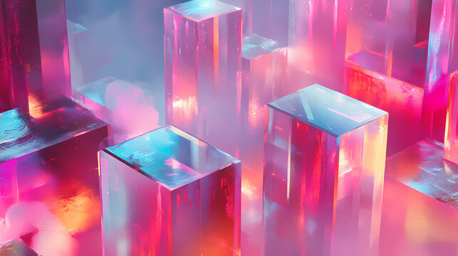 A futuristic cityscape rendered in vibrant hues, with towering structures of gleaming obsidian cubes bathed in an ethereal glow of pink and blue light. Obsidian Tower. Illustration