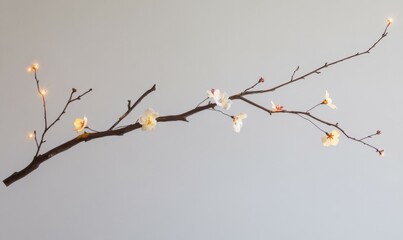 Obraz premium A branch elegantly adorned with blossoms and small lights, artistically capturing a moment of beauty and serenity, blending nature and creativity smoothly.