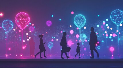 Silhouetted family walking amidst glowing balloons at night.