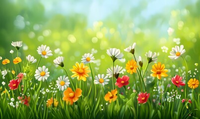 Fototapeta premium A vibrant green meadow with a variety of wildflowers swaying gently in the breeze, wildflower meadow, floral arrangement, botanical garden, colorful flowers