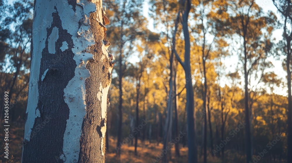 Poster Tree Bark Texture In A Golden Forest Setting