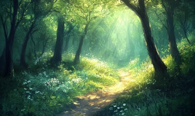 Naklejka premium A winding trail leading through a dense forest with dappled sunlight, trail, spring, dappled sunlight, wilderness, forest