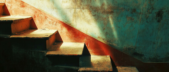 Exploring textures of light and shadow on colorful stairs in contrasting tones
