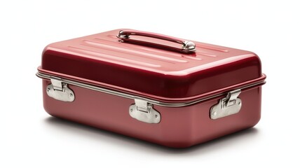 Storage Box Concept. A shiny red vintage-style suitcase with a silver handle.