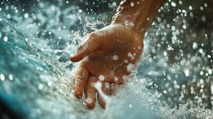 Fototapeta premium Hand in Rushing Water A Close-Up of Nature's Dynamic Energy