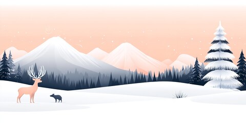 A serene winter landscape shows a deer standing in the snow alongside a small animal. Snow-capped mountains rise in the background under pastel skies at dawn