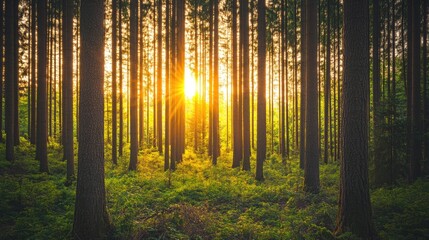 Obraz premium Golden Sunset Rays Illuminating a Dense Pine Forest