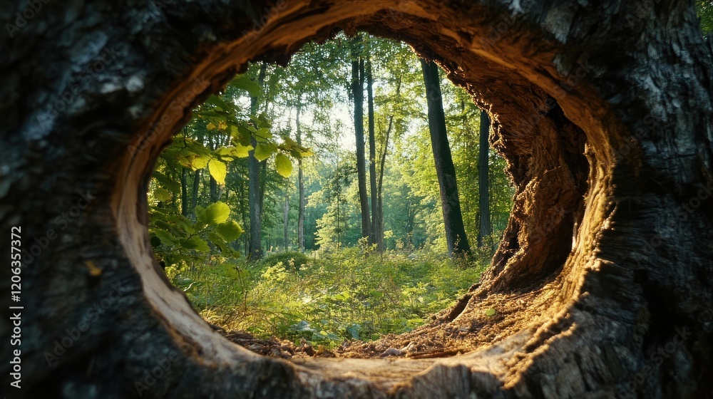 Poster forest scene viewed through a hollowed tree trunk