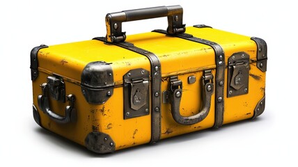Fototapeta premium Storage Box Concept. Vintage yellow suitcase with metal accents and worn texture.