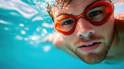 Young male swimmer gliding through crystal clear water in Olympic pool