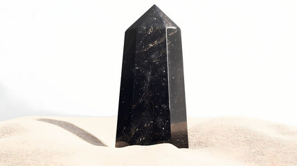 Black obsidian obelisk in sand against a white background. Obsidian Tower. Illustration