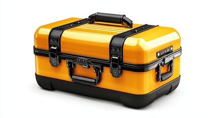 Fototapeta premium Storage Box Concept. Bright yellow vintage-style suitcase with black hardware.
