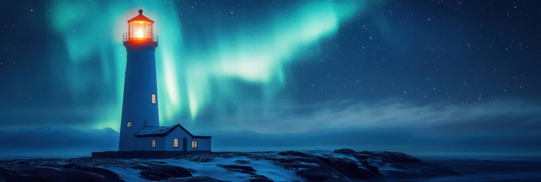 Lighthouse Under the Northern Lights on a Coastal Cliff - Powered by Adobe