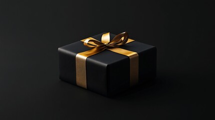 Black gift box wrapped with golden ribbon on black background