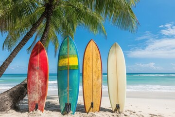 Four vibrant wooden surfboards of varying sizes and bright colors on a tropical beach