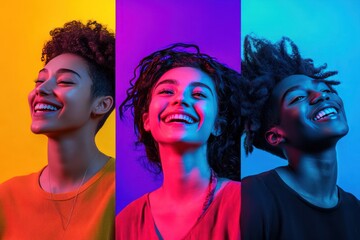 Fototapeta premium Photograph of smiling young people with diverse ethnicities in neon lighting, split into multiple images, captured from various angles, with a colorful background.
