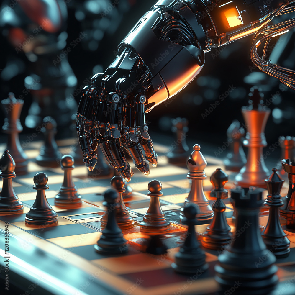 Poster Robot arm moves chess piece on a futuristic board in a high-tech setting