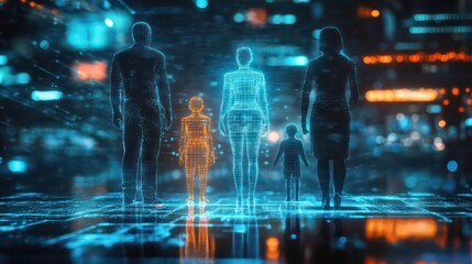 Digital family silhouettes standing on a glowing grid, representing technology and family.
