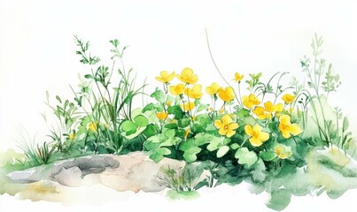 A serene watercolor scene featuring yellow and green flowers in a natural setting, flowers, watercolor, green