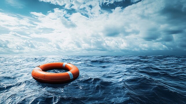 Orange lifebuoy floating on deep blue sea under cloudy sky symbolizing hope and rescue - Powered by Adobe