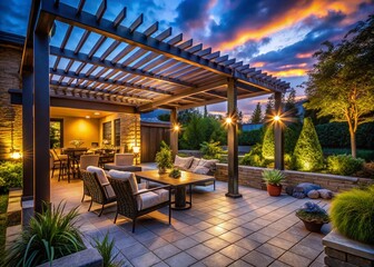 Fototapeta premium Trendy Outdoor Patio Pergola with Awning, Lounge Chairs & Grill at Dusk