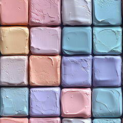 Pastel colored square tiles with subtle cracks and soft textures in a seamless pattern