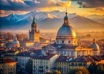 Fototapeta premium Turin Cathedral Double Exposure: Majestic Dome & Cityscape, Piedmont, Italy