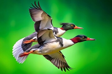 Obraz premium Two Chinese Mergansers Flying, Aerial Close-Up, 4K UHD, Green Screen, Bokeh