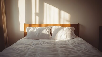 Sunlit Bedroom Featuring a Made Bed with White Pillows