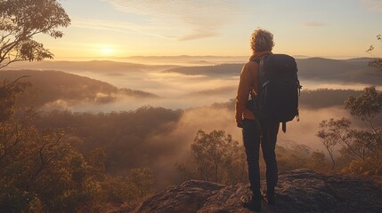 Fototapeta premium Backpacker contemplates sunrise over misty mountain valley