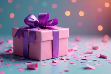 Gift box with purple bow and confetti on a floor, floor, bow, colorful