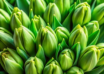 Fototapeta premium Unripe Tulip Buds: Close-up of Green Tulip Buds in Early Growth Stage