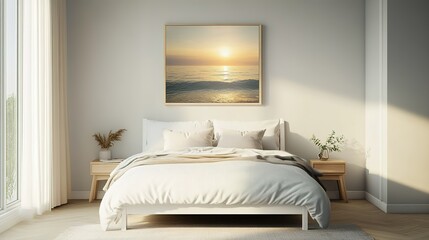 Serene Sunset Ocean Scene Above Minimalist Bedroom