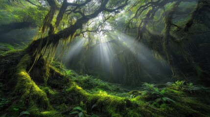 Sunbeams Illuminate Lush Mossy Forest Canopy