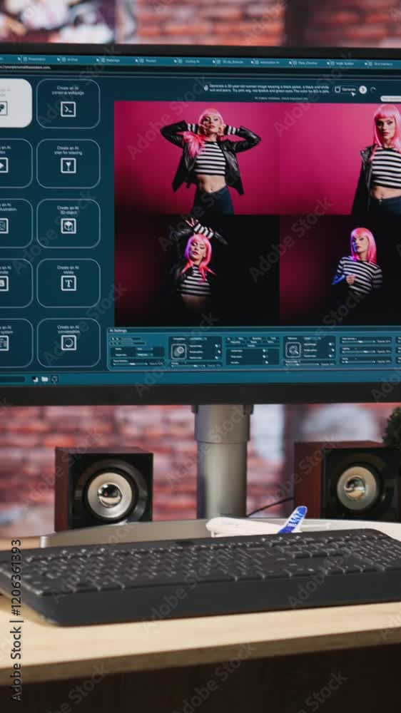 Fototapete Vertical video Computer in home office showing program converting text prompts into photo output, close up. Text to image generative models AI tech software on computer display in apartment, handheld