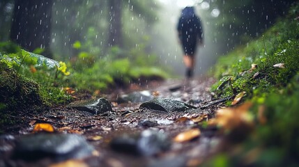 Rainy Forest Hike Solitary Figure Walking Trail